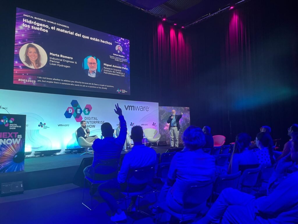 Pantalla gigante del auditorio anunciando la mesa «Hidrógeno, el material del que están hechos los sueños», con Rafael Mendías como moderador, identificado como gerente y tesorero y cofundador del Clúster Andaluz del Hidrógeno y Mindbox space, junto a Marta Romero de Lean Hydrogen y Miguel Antonio Peña del Instituto de Catálisis y Petroleoquímica del CSIC